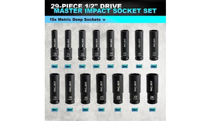 1/2" Impact Socket Set, 29PC Deep impact socket set, CR-MO SAE and Metric thumbnail 3