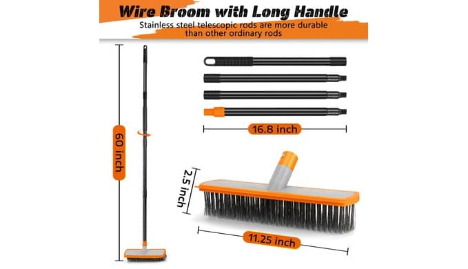 BUVE Stainless Steel Wire Broom Floor Deck Scrub Brush with Long Handle 60" thumbnail 2