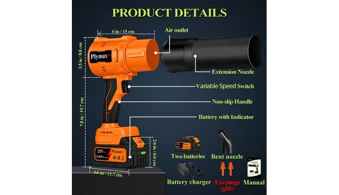 Cordless Leaf Blower, 800,000 RPM Electric Handheld Blower, Leaf Blower Cordless with 2×4.0Ah Batteries & Charger,Snow Blowers with 2-Nozzles for Patio,Lawn Care,Dust,Snow & Car Drying, Orange thumbnail 2