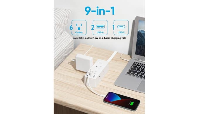 Flat Plug Power Strip with 5 FT Extension Cord, 6 Outlets 3 USB Ports(1 USB C), 3 Sided Outlet Extender for Home Office Travel Dorm Room Essentials, White thumbnail 3
