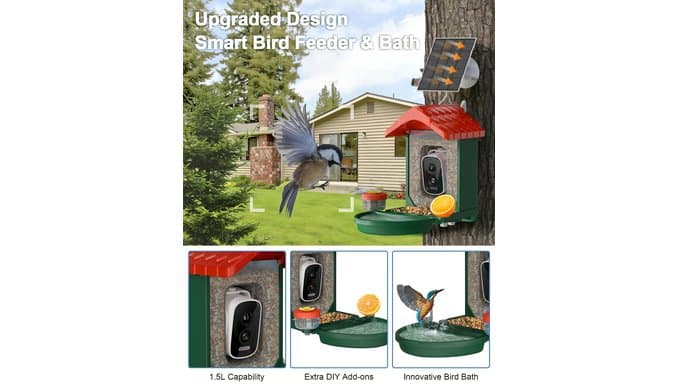 2-in-1 Smart Wild Bird Feeder & Bath with 4K HD Camera, AI Identification Solar Bird Feeder Watching Camera Night Vision for Outdoor Birds Watching Gifts for Birdlover, Red & Green thumbnail 3