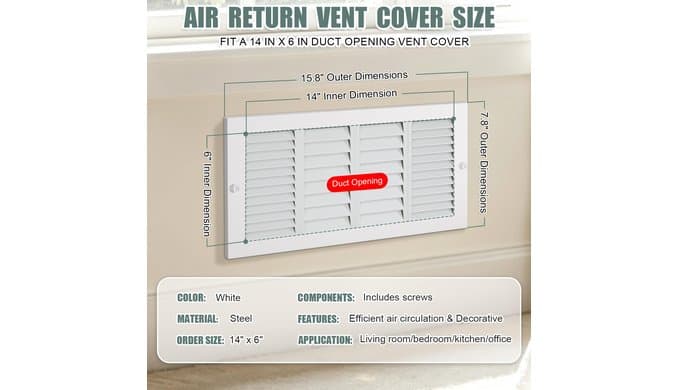 14x6 Air Return Vent Cover, White Heavy-Duty Steel Return Air Grille,2-Pack thumbnail 2