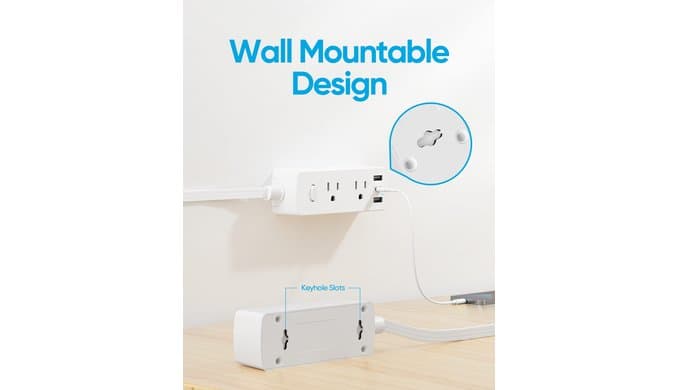 Flat Plug Power Strip with 5 FT Extension Cord, 6 Outlets 3 USB Ports(1 USB C), 3 Sided Outlet Extender for Home Office Travel Dorm Room Essentials, White thumbnail 5