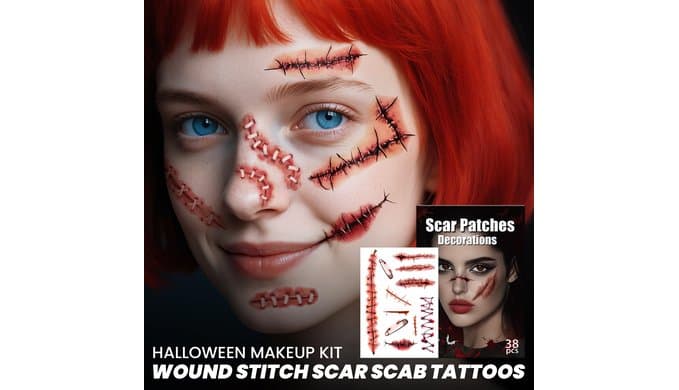 Halloween Zombies Fake Scars Temporary Tattoos, Makeup Kit for Adults thumbnail 5
