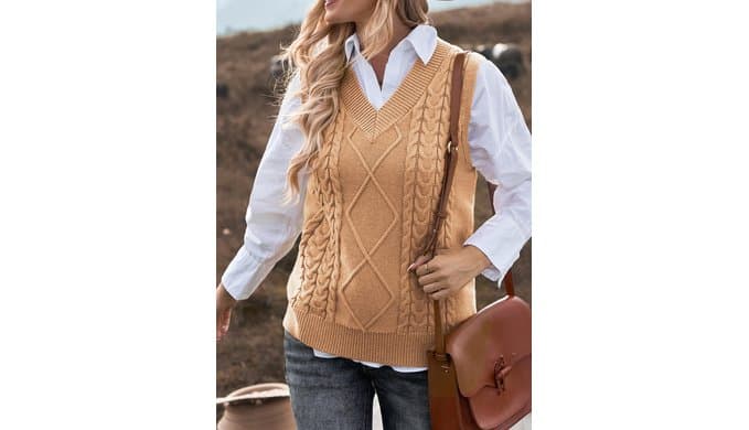 EVALESS Oversized Sweater Vest for Women V Neck Sleeveless Cable Knit Tops thumbnail 2