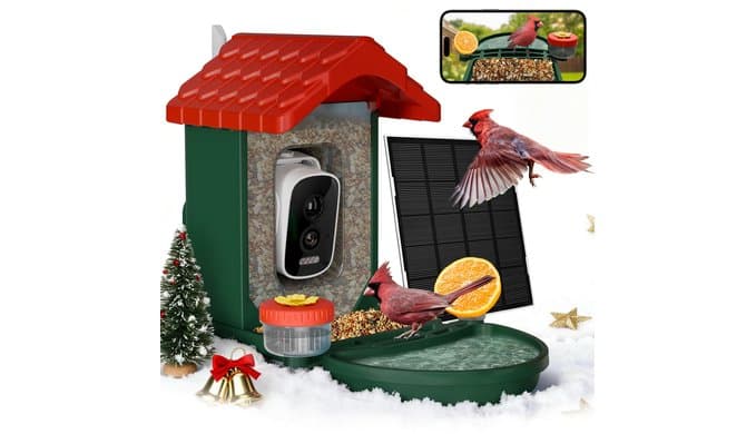 2-in-1 Smart Wild Bird Feeder & Bath with 4K HD Camera, AI Identification Solar Bird Feeder Watching Camera Night Vision for Outdoor Birds Watching Gifts for Birdlover, Red & Green thumbnail 1