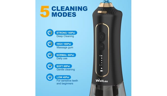 WellLeo Water Flossers for Teeth, 300ML Cordless Oral Irrigator Rechargeable Dental Flosser Picks with 5 Modes 5 Jet Tips,IPX7 Waterproof Teeth Cleaner for Braces Gum Care, Home Travel Use thumbnail 2
