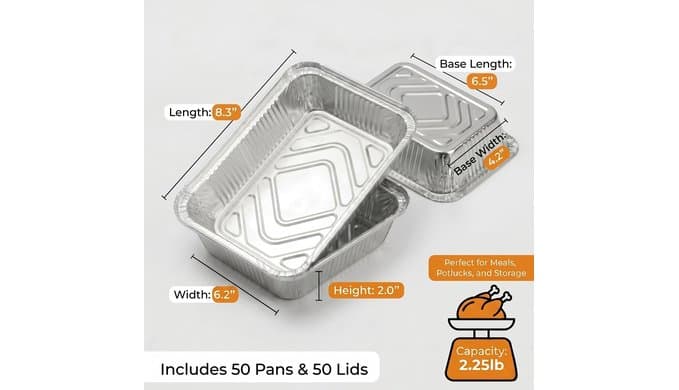 50 Pack Aluminum Pans with Cardboard Lids, 8.3"x6.2", 2.25 LB thumbnail 3