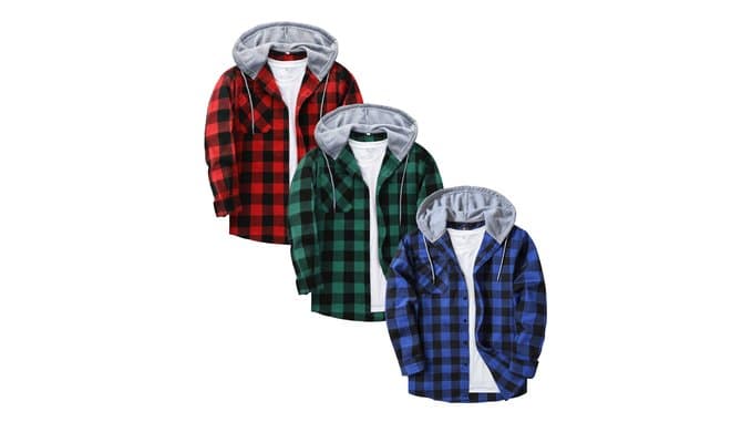 ZITY 3 Pack Men's Flannel Hoodie Shirts Long Sleeve Button Down Plaid Shirt thumbnail 1