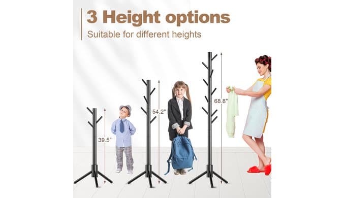 Wooden Coat Rack Stand, Freestanding Coat Rack with 8 Hooks, 3 Adjustable Size Coat Tree for Hats, Coats, Scarves bags, Coat Hanger Stand Used in Bedroom/Office/Entryway,2 PCS (Black) thumbnail 3