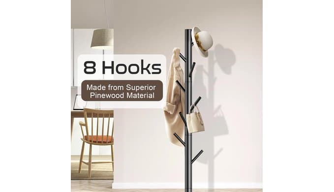 Wooden Coat Rack Stand, Freestanding Coat Rack with 8 Hooks, 3 Adjustable Size Coat Tree for Hats, Coats, Scarves bags, Coat Hanger Stand Used in Bedroom/Office/Entryway,2 PCS (Black) thumbnail 4