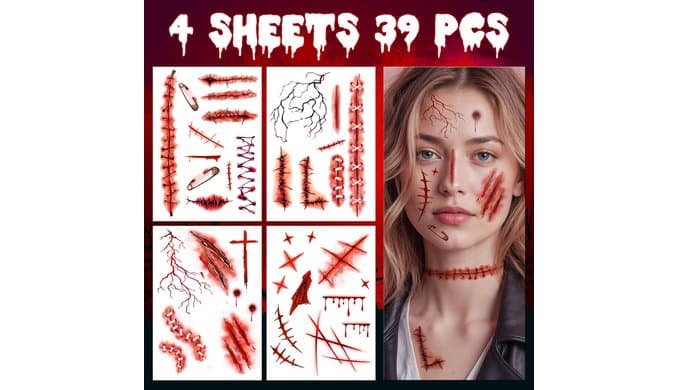 Halloween Zombies Fake Scars Temporary Tattoos, Makeup Kit for Adults thumbnail 4