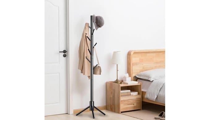 Wooden Coat Rack Stand, Freestanding Coat Rack with 8 Hooks, 3 Adjustable Size Coat Tree for Hats, Coats, Scarves bags, Coat Hanger Stand Used in Bedroom/Office/Entryway,2 PCS (Black) thumbnail 2