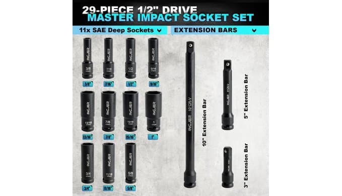 1/2" Impact Socket Set, 29PC Deep impact socket set, CR-MO SAE and Metric thumbnail 4