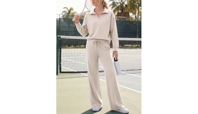 Women's 2 Piece Outfits Half Zip Wide Leg Casual Tracksuit thumbnail 5