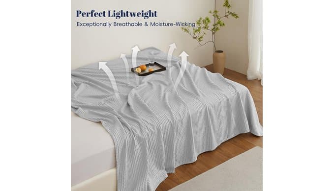PHF Lightweight Waffle Weave Blanket Queen for Bed Light Grey 90"x90" thumbnail 2