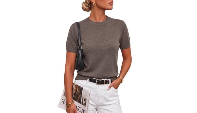 Arach&Cloz Women's Wool Blend Short Sleeve Sweater Business Casual Tops thumbnail 2