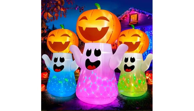 zukakii 5FT Halloween Inflatables Pumpkin Ghost Built-in 3-Pattern Colorful Flashing Light, Cute Halloween Blow Up Yard Decorations for Indoor Outdoor Home/Holiday/Party/Yard/Lawn (1PCS) thumbnail 1