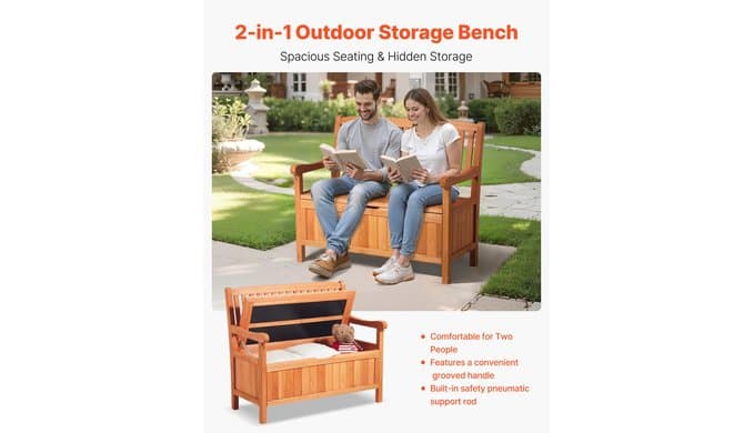 VEVOR Outdoor Storage Bench, 2-Person Wooden Storage Bench, 33 Gallons Deck Box with Side Handle, Supports up to 705 lbs, Outdoor Seating & Porch Decor, for Patio Garden Balcony Yard thumbnail 4