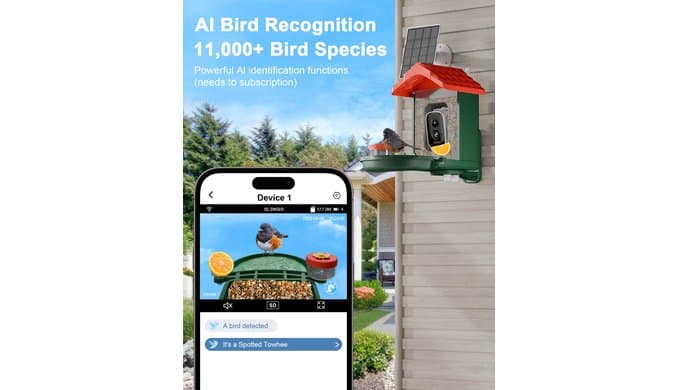 2-in-1 Smart Wild Bird Feeder & Bath with 4K HD Camera, AI Identification Solar Bird Feeder Watching Camera Night Vision for Outdoor Birds Watching Gifts for Birdlover, Red & Green thumbnail 2