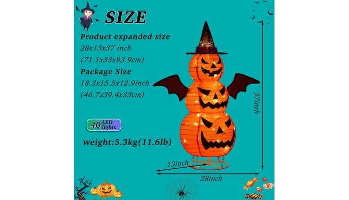 3FT-Halloween Decorations Outdoor – 37 Inch Collapsible Pumpkin Man with 40 LED Lights, Stretchable Pop Up Jack-o'-Lantern for Yard, Garden, Porch, Party Decor thumbnail 2