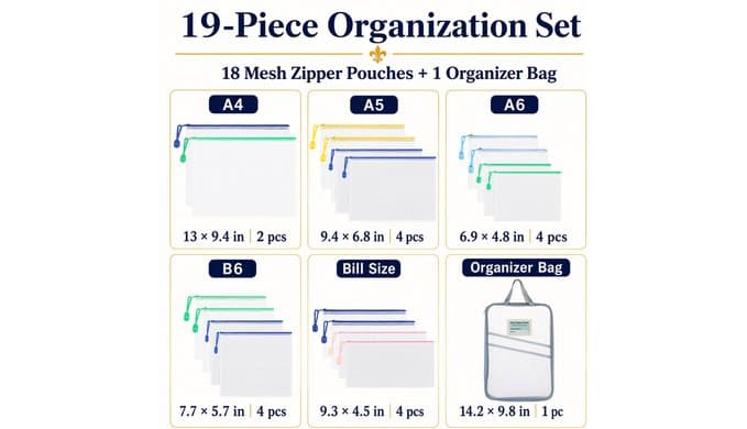 19pcs Mesh Zipper Pouches with Organizer Bag, 5 Sizes Zipper Bags thumbnail 2