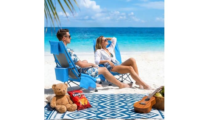 High Back Beach Camping Chair 2 Pack, Extra Wide Folding Outdoor Chair with Cooler Bag, Breathable Mesh & Dual-Use Pillow, Portable Lounge Seat for Adults, Sand, Sports, Picnic, Blue thumbnail 2