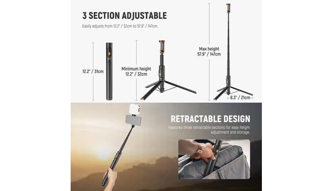 NEEWER 57.9" Selfie Stick Tripod Compatible with iPhone Samsung Android, Metal Portable Lightweight Travel Cell Phone Stand with Phone Holder Mount & Remote for Video Recording Filming, PA992 Black thumbnail 2