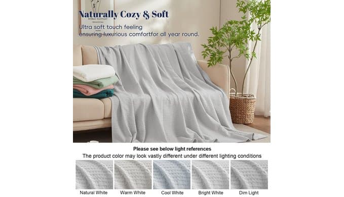 PHF Lightweight Waffle Weave Blanket Queen for Bed Light Grey 90"x90" thumbnail 5