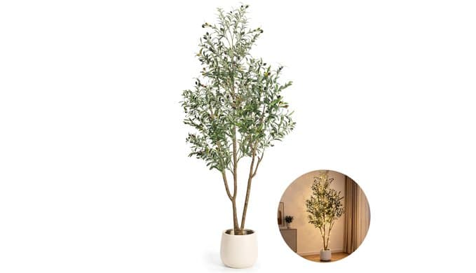 7FT Artificial Olive Tree with Lights & Planter, Tall Faux Olive Plant