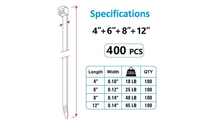 Zip Ties Assorted Sizes(4”+6”+8”+12”), 400 Pack, Black Cable Ties, UV Resistant Wire Ties by ANOSON thumbnail 2
