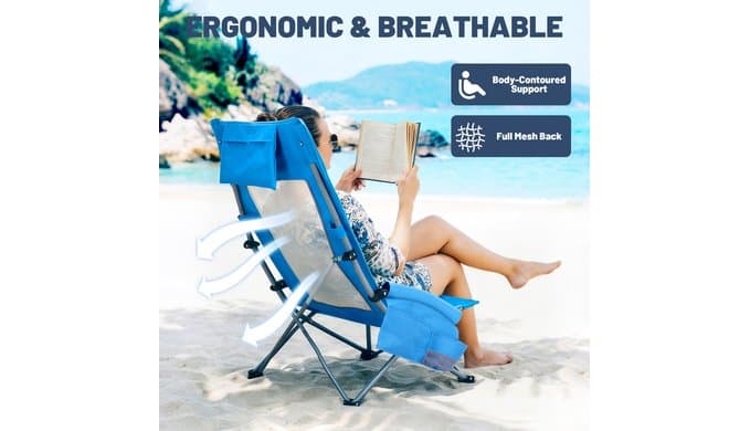 High Back Beach Camping Chair 2 Pack, Extra Wide Folding Outdoor Chair with Cooler Bag, Breathable Mesh & Dual-Use Pillow, Portable Lounge Seat for Adults, Sand, Sports, Picnic, Blue thumbnail 4