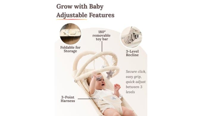 Cuddo Baby Bouncer 100% Cotton Wheelable, with Head Support, 0-12M -Beige thumbnail 4