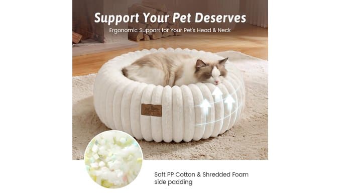COZY KISS Donut Small Cat Bed for Indoor Cat, Kitten Bed Calming 20in Cream thumbnail 4