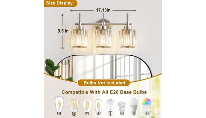 3 Light Crystal Bathroom Light Fixtures, Brushed Nickel Vanity Mirror Lights, Crystal Bath Vintage Wall Mounted Lamps Wall Light Fixtures for Bathroom, Living Room thumbnail 5