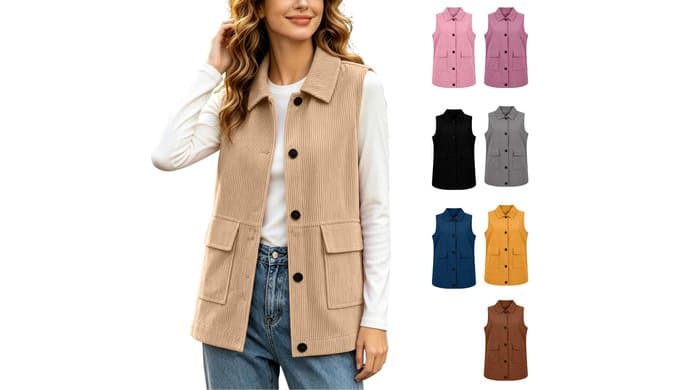 Corduroy Vest Women Sleeveless Turn Down Collar Button Up Waistcoat