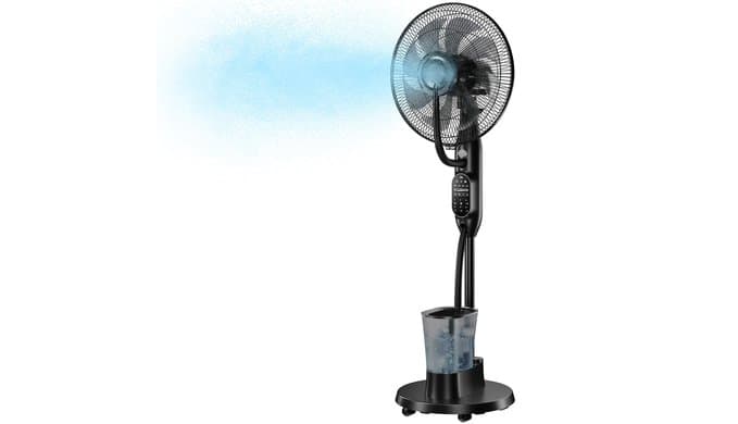 Misting Fan, Standing Fan 8 Blades with Humidifier, Oscillating Fan with 3 Misting Modes 9 Speeds 7H Timer, Quiet Fan for Bedroom