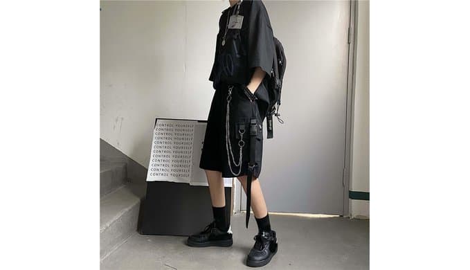 Black Cargo Pants for Women Street Harajuku Loose Straight Shorts Black Pants with Chains thumbnail 3