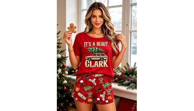 Women's Christmas Print Short Sleeve Pajama Set, 2‑Piece Soft Crew Neck Tee & Shorts Holiday Loungewear Sleepwear thumbnail 3