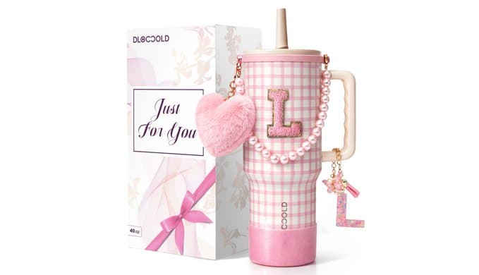 DLOCCOLD Monogrammed Gifts for Women,Initial 40 Oz Tumbler with Handle Lid Insulated Travel Cup, Personalized Birthday Gifts Tumbler for Women with Straw Valentines Christmas Xmas Present Gifts-L