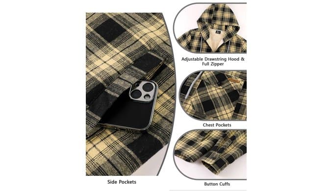 ZITY Mens Flannel Jacket Plaid Zip Up Hoodie Fleece Sherpa Lined Sweatshirt thumbnail 4