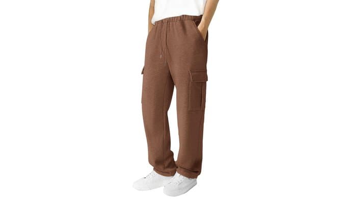 Men's Fleece Cargo Sweatpants Loose Fit Cotton Joggers with 5 Pockets Open Bottom for Gym Hiking Casual Wear thumbnail 1