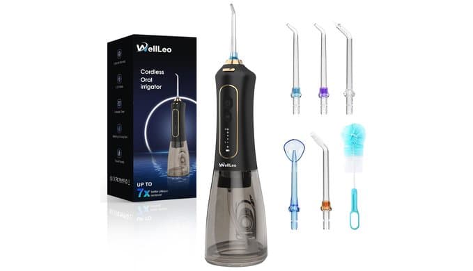 WellLeo Water Flossers for Teeth, 300ML Cordless Oral Irrigator Rechargeable Dental Flosser Picks with 5 Modes 5 Jet Tips,IPX7 Waterproof Teeth Cleaner for Braces Gum Care, Home Travel Use thumbnail 1