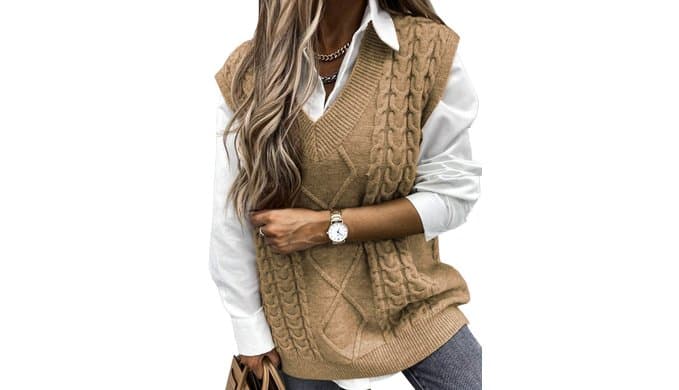 EVALESS Oversized Sweater Vest for Women V Neck Sleeveless Cable Knit Tops thumbnail 1