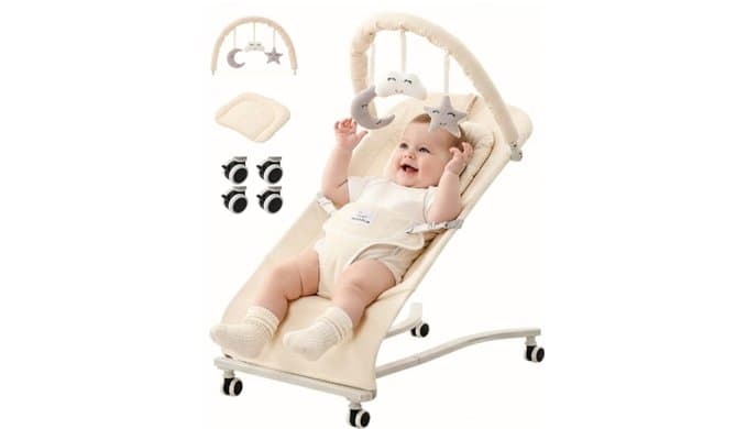 Cuddo Baby Bouncer 100% Cotton Wheelable, with Head Support, 0-12M -Beige thumbnail 1