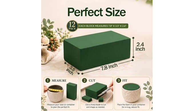 12 Pack Large Dry Floral Foam Blocks - Florist Foam Styrofoam for Artificial & Dried Flowers, Weddings and Planters Outdoor - Weather Resistant Dry Foams for DIY Projects (7.8X3.5X2.4 inch) thumbnail 2
