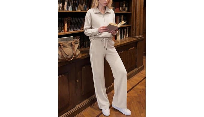 Women's 2 Piece Outfits Half Zip Wide Leg Casual Tracksuit thumbnail 4