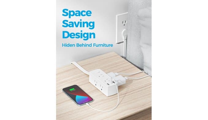 Flat Plug Power Strip with 5 FT Extension Cord, 6 Outlets 3 USB Ports(1 USB C), 3 Sided Outlet Extender for Home Office Travel Dorm Room Essentials, White thumbnail 4