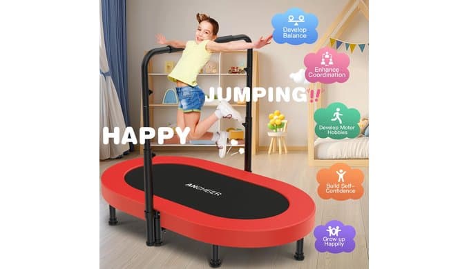 ANCHEER Trampoline for Kids, Toddler Trampoline Indoor Sports and Outdoor Games 56" Kids Rebounder 220LBS Capacity with Adjustable Safety Handrail Foldable Jumper for Boys and Girls thumbnail 3