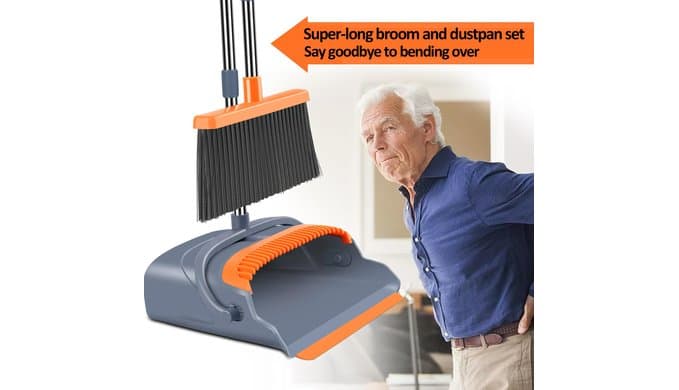 Upgrade Broom and Dustpan Set, Self-Cleaning with Dustpan Teeth, Indoor&Outdoor Sweeping, Ideal for Dog Cat Pets Home Use, Stand Up Broom and Dustpan (Gray&Orange) thumbnail 5